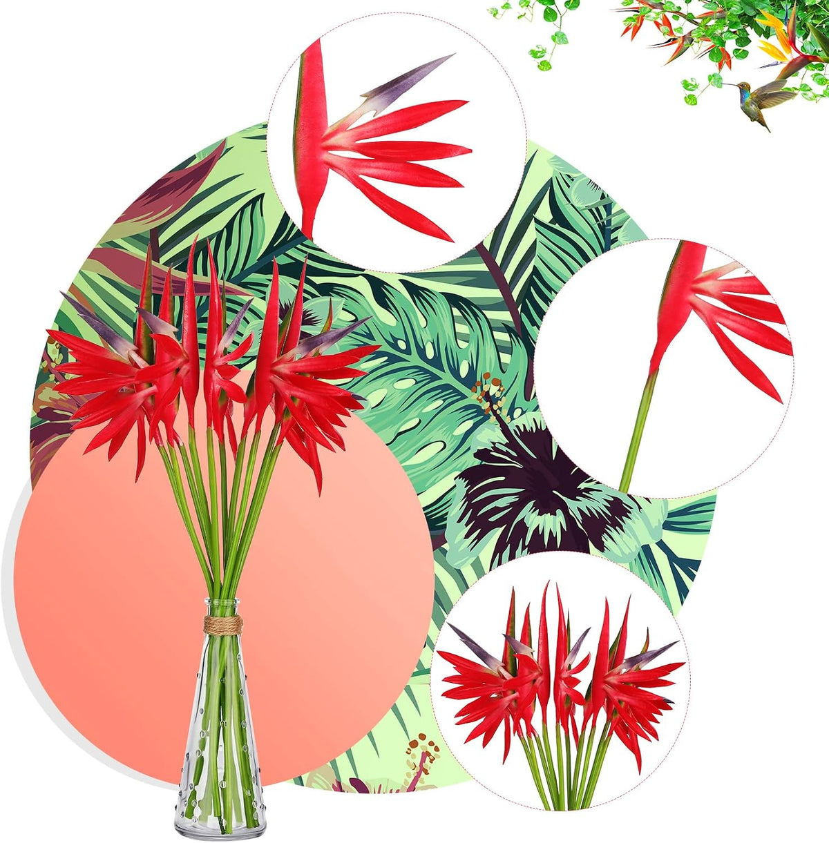 10 Pieces Bird of Paradise Artificial Plant 22 Inch Hawaiian Tropical Flowers Faux Flowers Bouquet Large Elegant Green Plant for Home Garden Decoration Office Wedding Decor Supplies (Red)