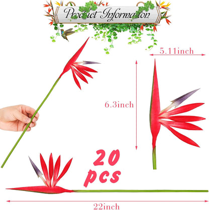 10 Pieces Bird of Paradise Artificial Plant 22 Inch Hawaiian Tropical Flowers Faux Flowers Bouquet Large Elegant Green Plant for Home Garden Decoration Office Wedding Decor Supplies (Red)