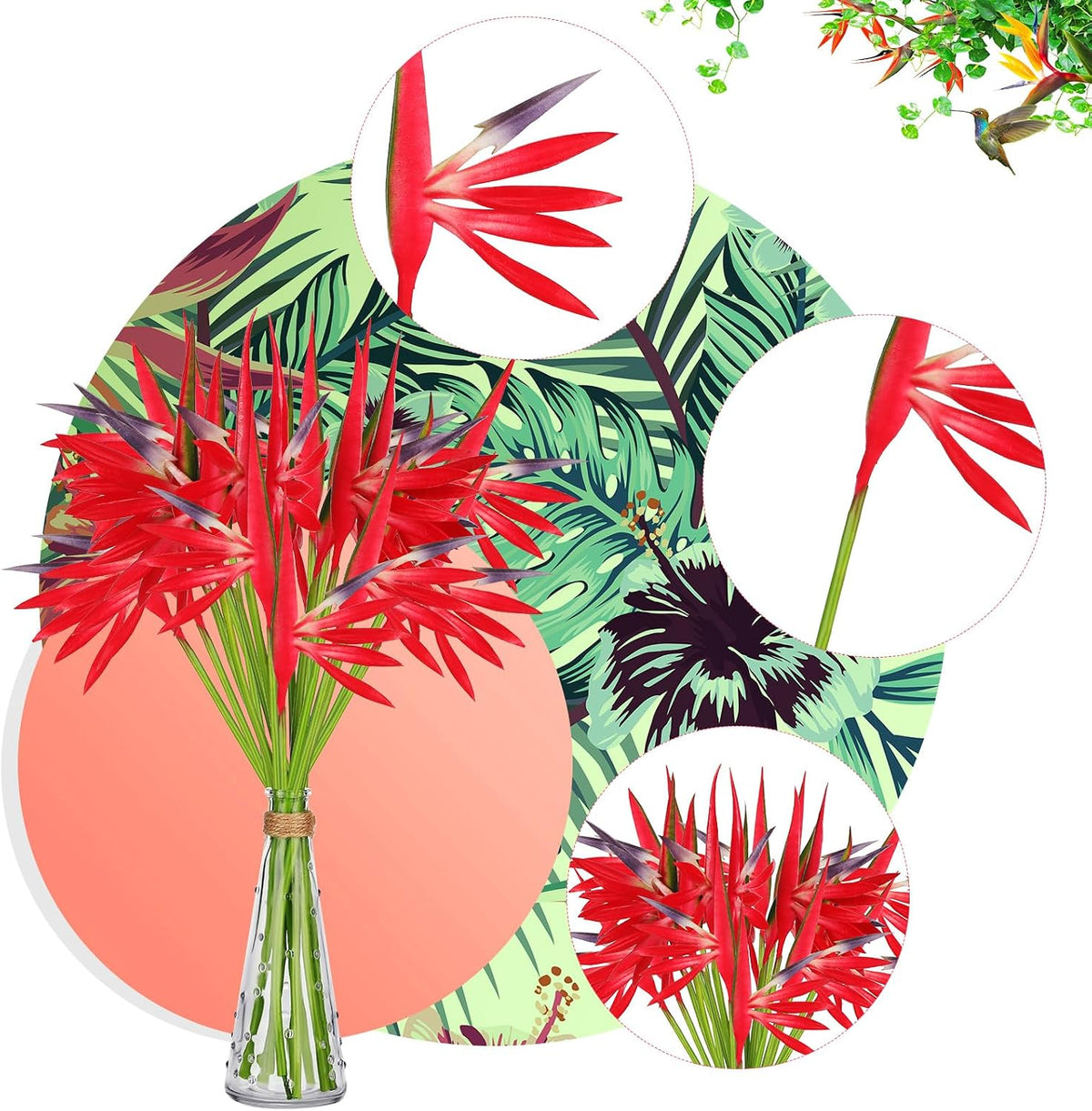10 Pieces Bird of Paradise Artificial Plant 22 Inch Hawaiian Tropical Flowers Faux Flowers Bouquet Large Elegant Green Plant for Home Garden Decoration Office Wedding Decor Supplies (Red)