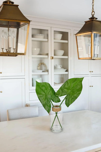 Faux Greenery Stems in Glass Vase with Faux Water, Silk Alocasia Realistic Fake Plants Artificial Tropical Leaves for Home Office Farmhouse Wedding Centerpiece Décor