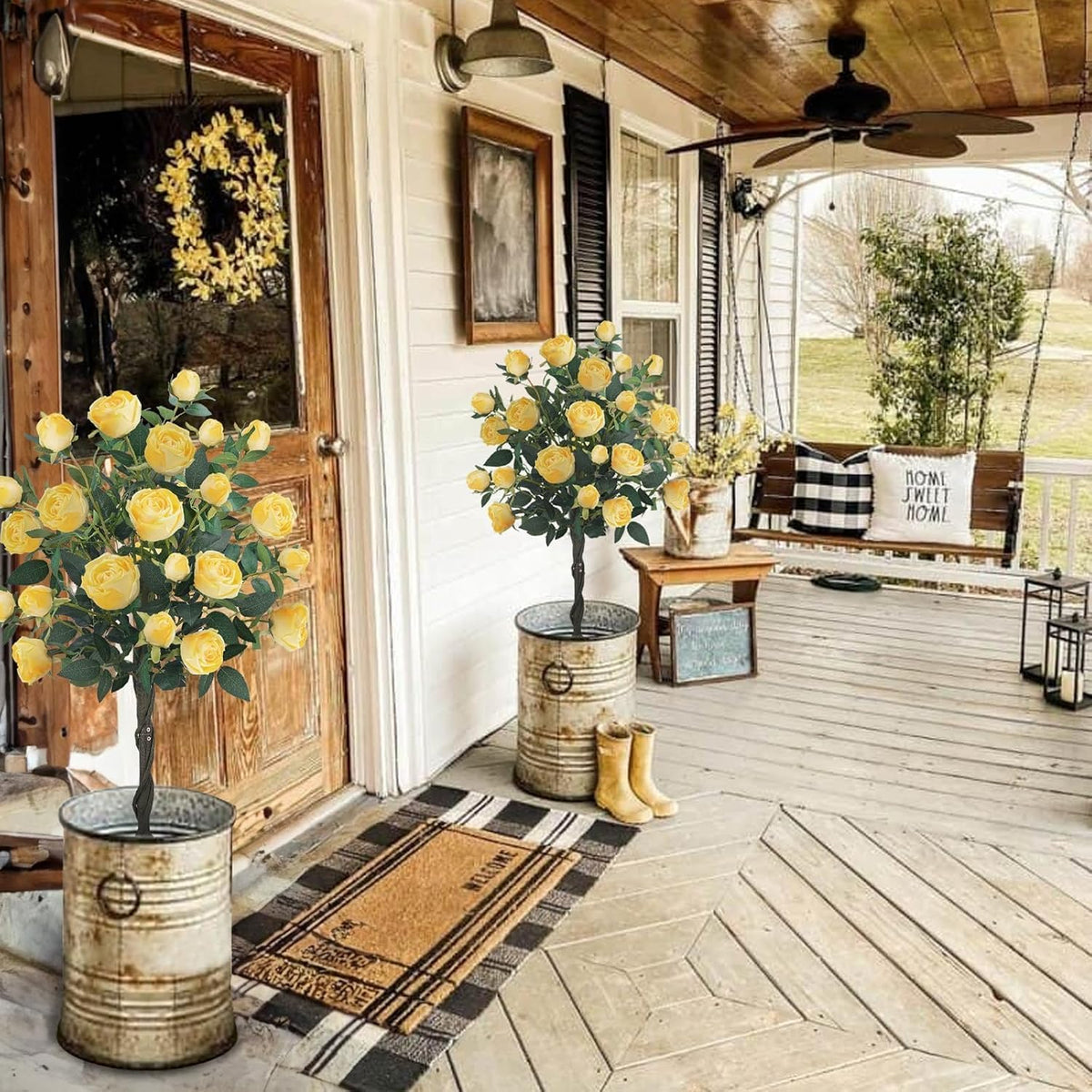 4FT Artificial Outdoor Trees Rose Tree Yellow Floral Tree