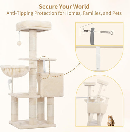 Cat Tree with Toy, 43.3 inch Cat Tower for Indoor Cats HCT004SGR | Cat Condo with Durable Sisal Scratching Posts, Cat House with Padded Plush Perch, Cozy Hammock, Green