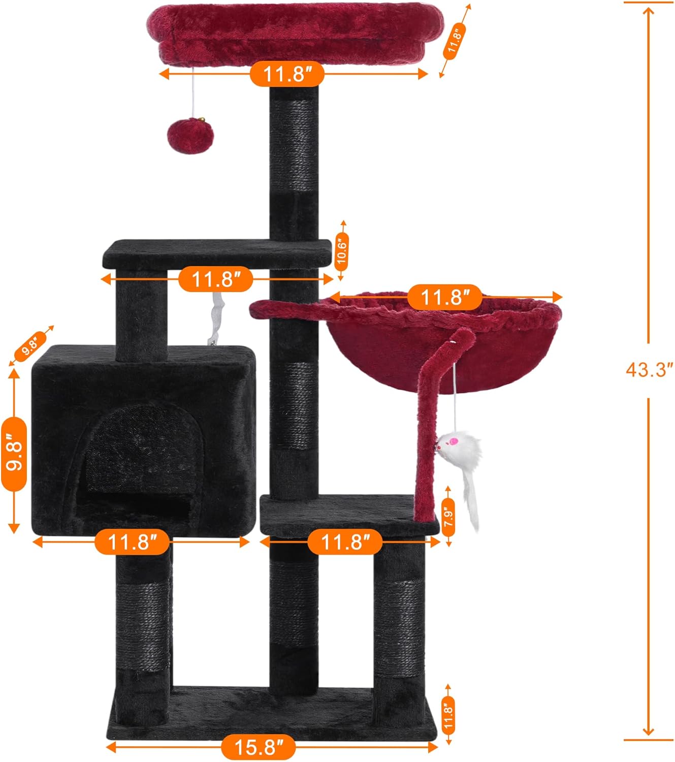 Cat Tree with Toy, 43.3 inch Cat Tower for Indoor Cats HCT004SGR | Cat Condo with Durable Sisal Scratching Posts, Cat House with Padded Plush Perch, Cozy Hammock, Green