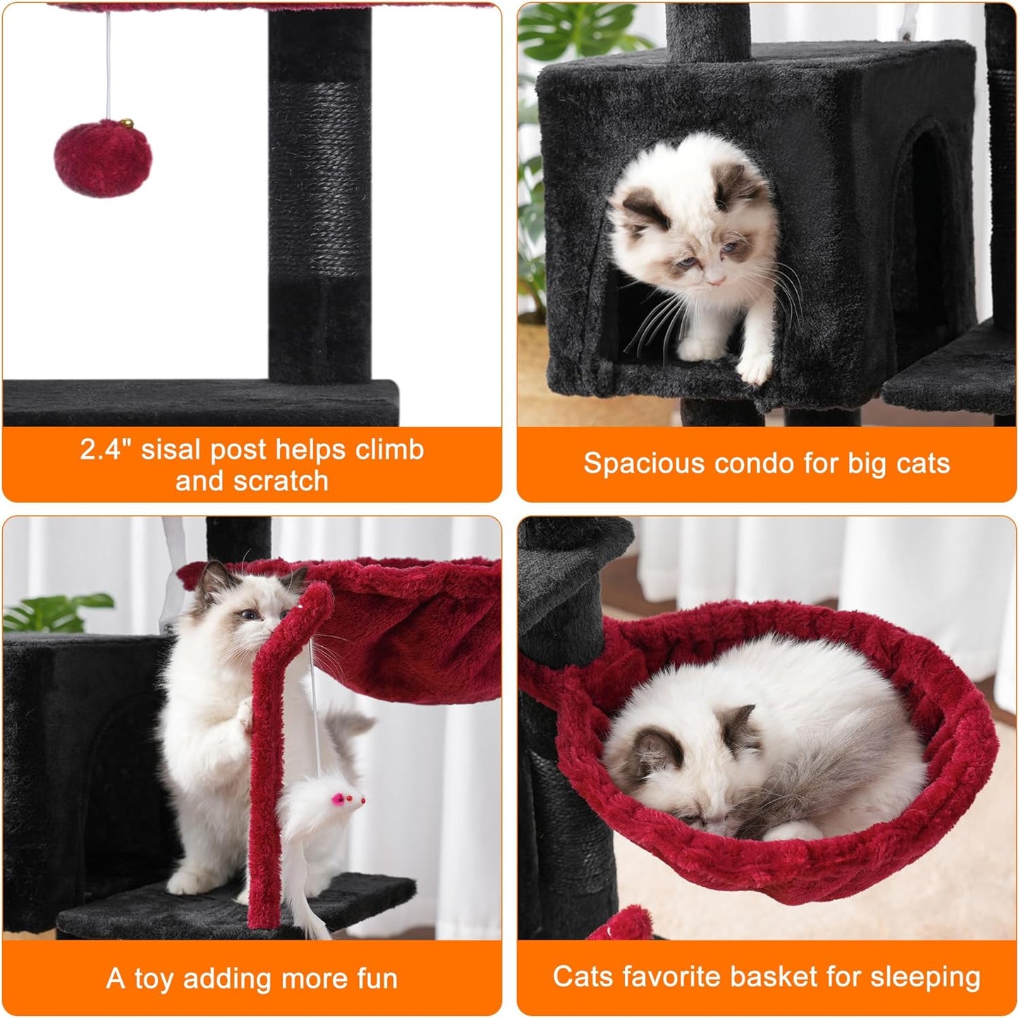 Cat Tree with Toy, 43.3 inch Cat Tower for Indoor Cats HCT004SGR | Cat Condo with Durable Sisal Scratching Posts, Cat House with Padded Plush Perch, Cozy Hammock, Green