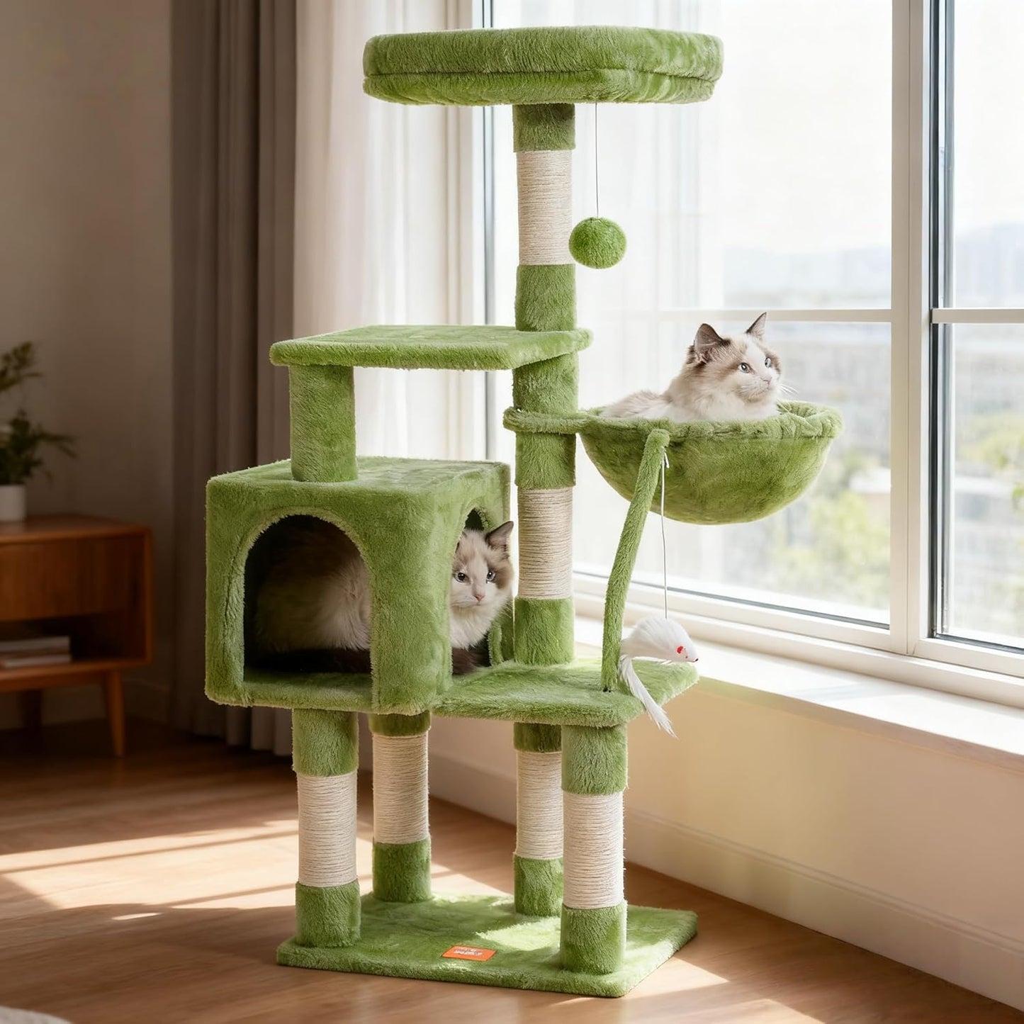 Cat Tree with Toy, 43.3 inch Cat Tower for Indoor Cats HCT004SGR | Cat Condo with Durable Sisal Scratching Posts, Cat House with Padded Plush Perch, Cozy Hammock, Green