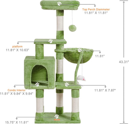 Cat Tree with Toy, 43.3 inch Cat Tower for Indoor Cats HCT004SGR | Cat Condo with Durable Sisal Scratching Posts, Cat House with Padded Plush Perch, Cozy Hammock, Green