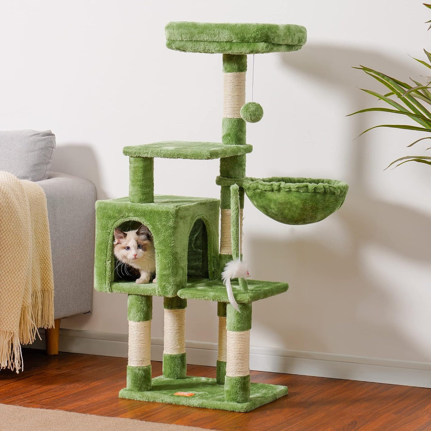 Cat Tree with Toy, 43.3 inch Cat Tower for Indoor Cats HCT004SGR | Cat Condo with Durable Sisal Scratching Posts, Cat House with Padded Plush Perch, Cozy Hammock, Green