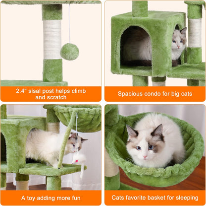 Cat Tree with Toy, 43.3 inch Cat Tower for Indoor Cats HCT004SGR | Cat Condo with Durable Sisal Scratching Posts, Cat House with Padded Plush Perch, Cozy Hammock, Green