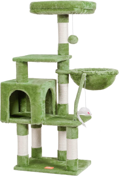Cat Tree with Toy, 43.3 inch Cat Tower for Indoor Cats HCT004SGR | Cat Condo with Durable Sisal Scratching Posts, Cat House with Padded Plush Perch, Cozy Hammock, Green