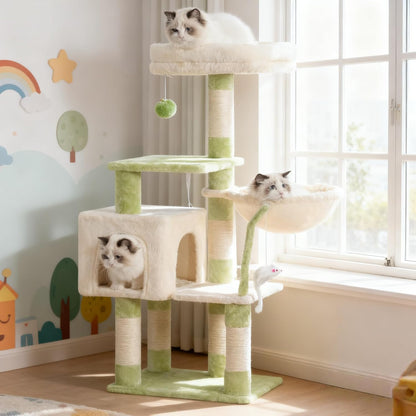 Cat Tree with Toy, 43.3 inch Cat Tower for Indoor Cats HCT004SGR | Cat Condo with Durable Sisal Scratching Posts, Cat House with Padded Plush Perch, Cozy Hammock, Green