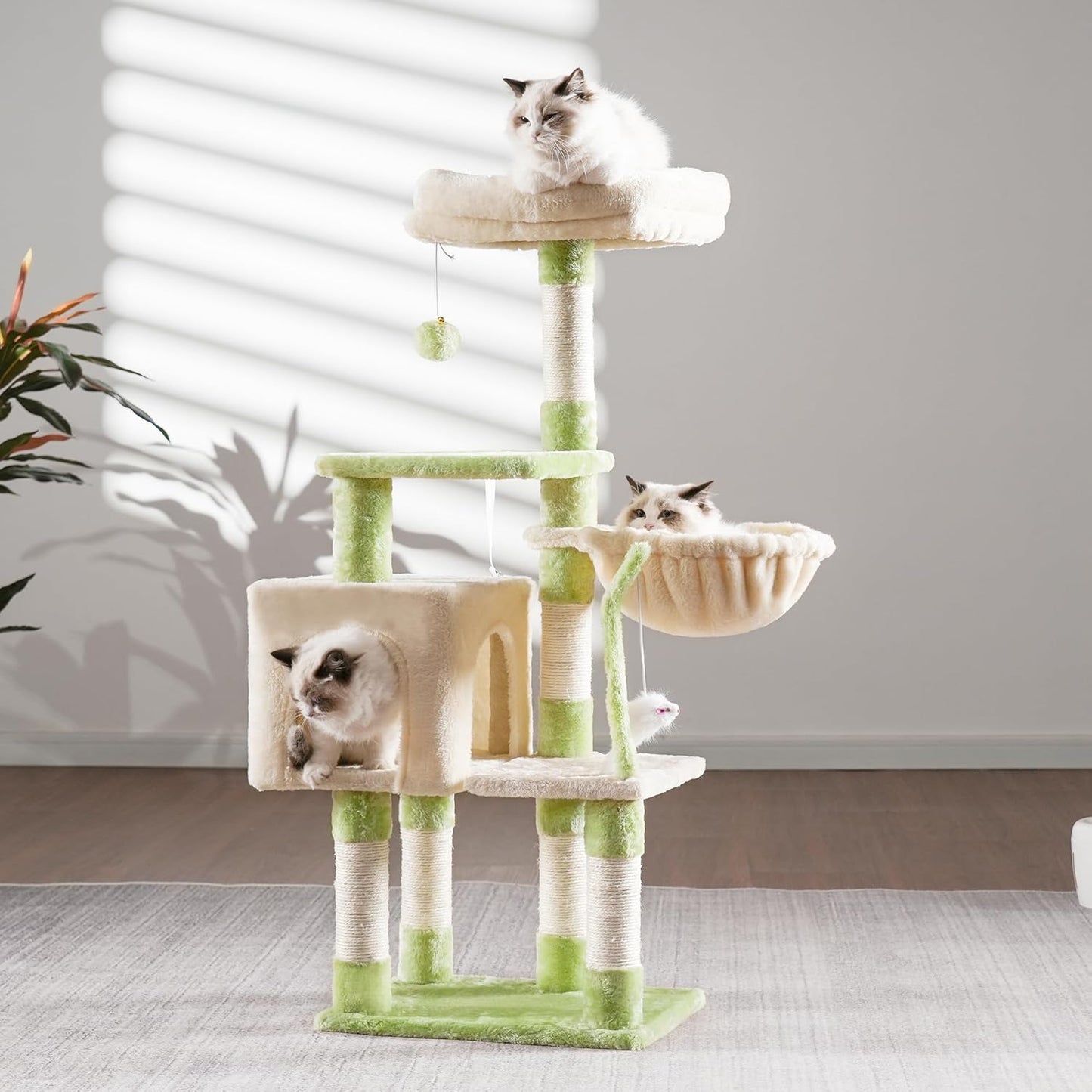 Cat Tree with Toy, 43.3 inch Cat Tower for Indoor Cats HCT004SGR | Cat Condo with Durable Sisal Scratching Posts, Cat House with Padded Plush Perch, Cozy Hammock, Green