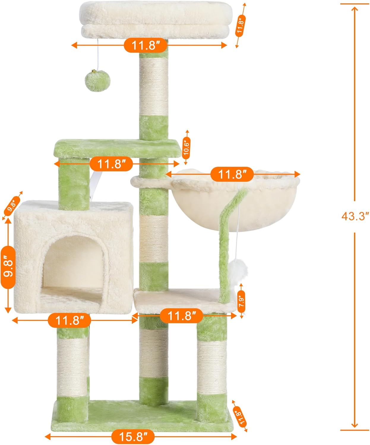 Cat Tree with Toy, 43.3 inch Cat Tower for Indoor Cats HCT004SGR | Cat Condo with Durable Sisal Scratching Posts, Cat House with Padded Plush Perch, Cozy Hammock, Green