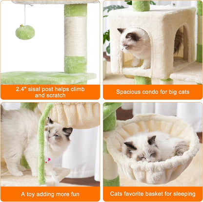 Cat Tree with Toy, 43.3 inch Cat Tower for Indoor Cats HCT004SGR | Cat Condo with Durable Sisal Scratching Posts, Cat House with Padded Plush Perch, Cozy Hammock, Green