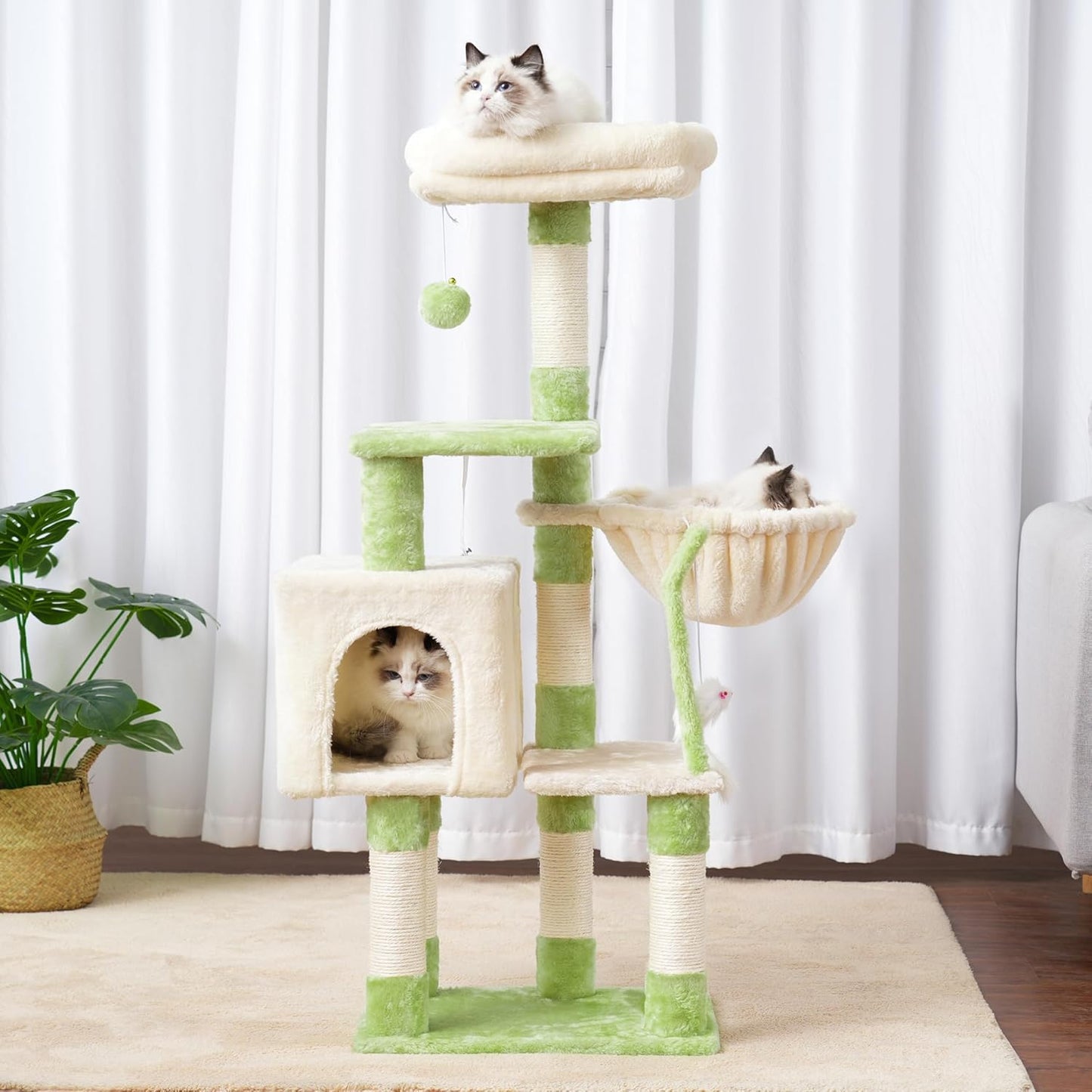 Cat Tree with Toy, 43.3 inch Cat Tower for Indoor Cats HCT004SGR | Cat Condo with Durable Sisal Scratching Posts, Cat House with Padded Plush Perch, Cozy Hammock, Green