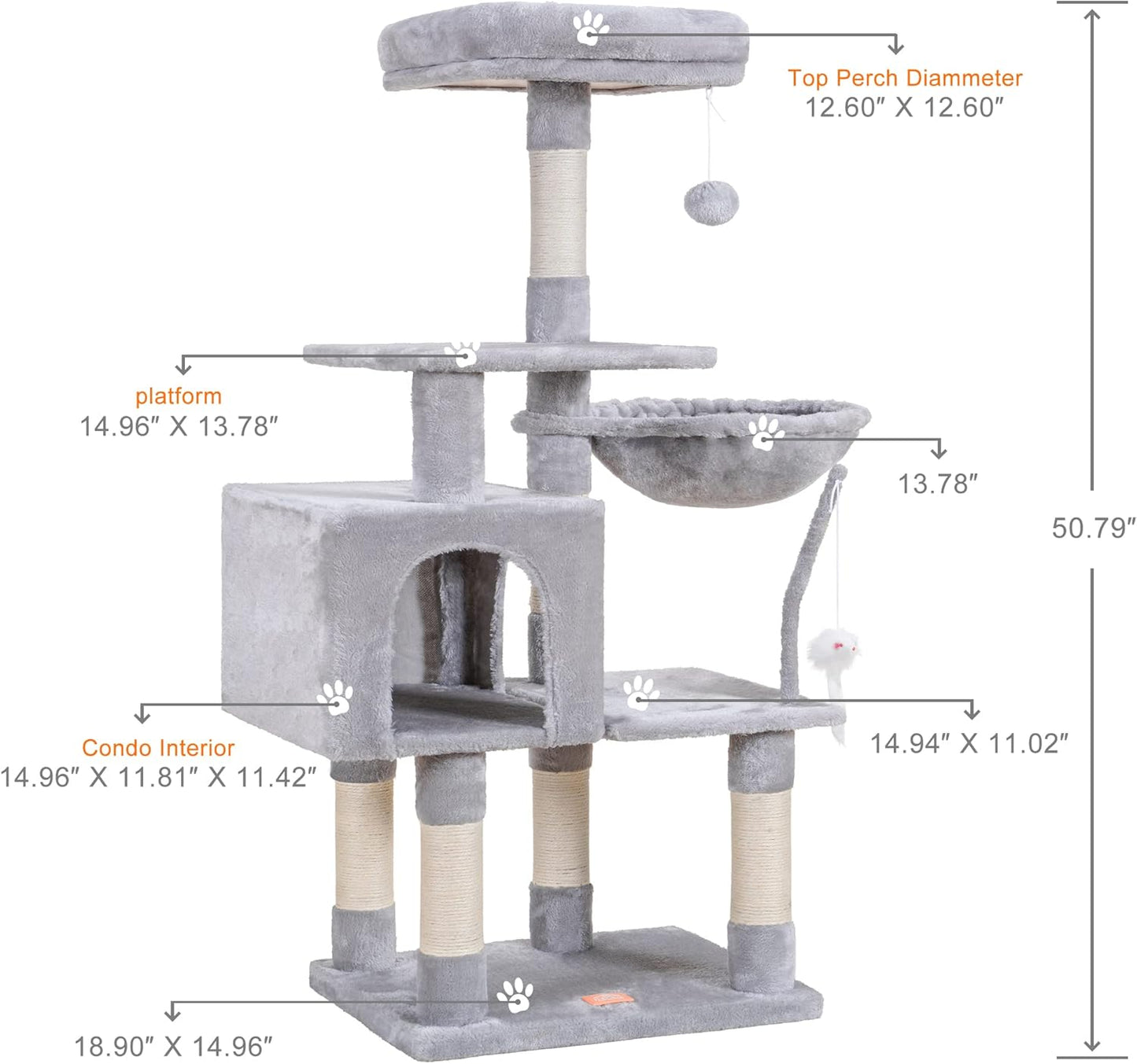 Cat Tree with Toy, 43.3 inch Cat Tower for Indoor Cats HCT004SGR | Cat Condo with Durable Sisal Scratching Posts, Cat House with Padded Plush Perch, Cozy Hammock, Green