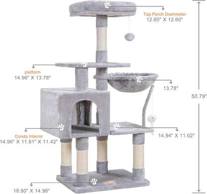 Cat Tree with Toy, 43.3 inch Cat Tower for Indoor Cats HCT004SGR | Cat Condo with Durable Sisal Scratching Posts, Cat House with Padded Plush Perch, Cozy Hammock, Green