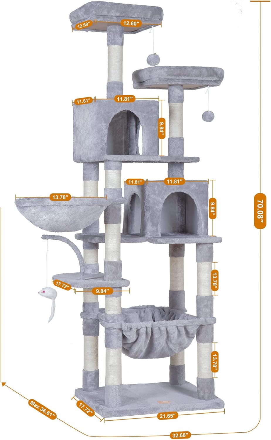Cat Tree with Toy, 43.3 inch Cat Tower for Indoor Cats HCT004SGR | Cat Condo with Durable Sisal Scratching Posts, Cat House with Padded Plush Perch, Cozy Hammock, Green