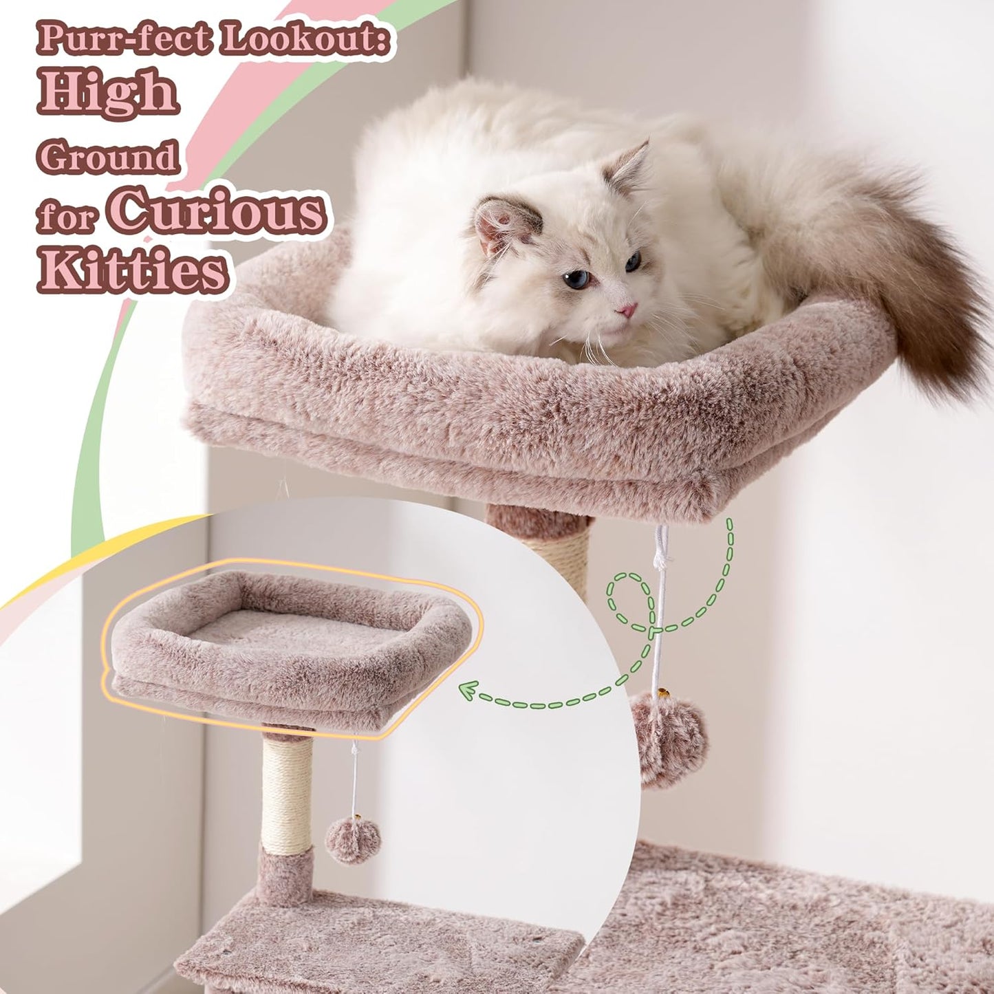 Cat Tree with Toy, 43.3 inch Cat Tower for Indoor Cats HCT004SGR | Cat Condo with Durable Sisal Scratching Posts, Cat House with Padded Plush Perch, Cozy Hammock, Green