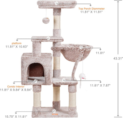 Cat Tree with Toy, 43.3 inch Cat Tower for Indoor Cats HCT004SGR | Cat Condo with Durable Sisal Scratching Posts, Cat House with Padded Plush Perch, Cozy Hammock, Green