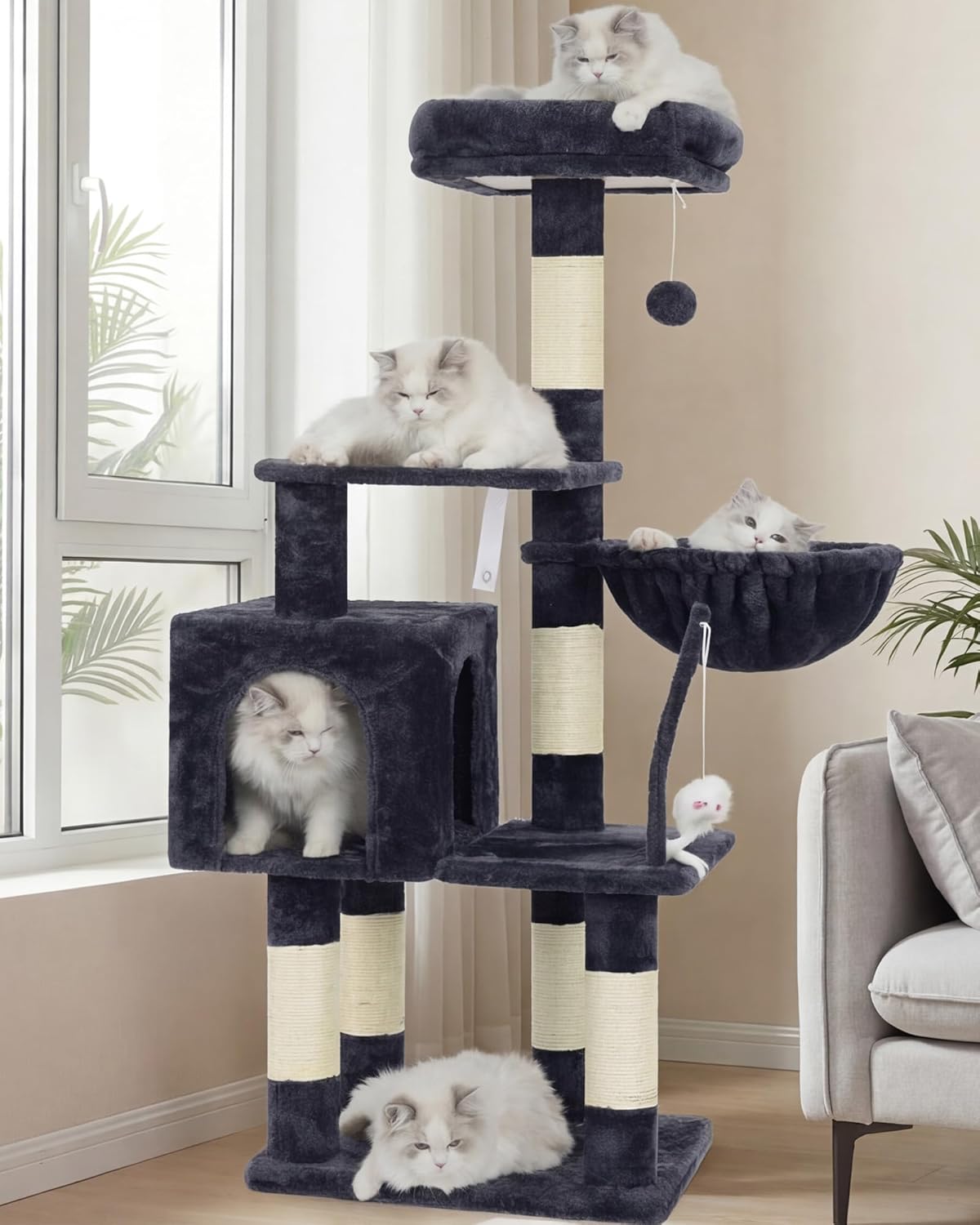 Cat Tree with Toy, 43.3 inch Cat Tower for Indoor Cats HCT004SGR | Cat Condo with Durable Sisal Scratching Posts, Cat House with Padded Plush Perch, Cozy Hammock, Green