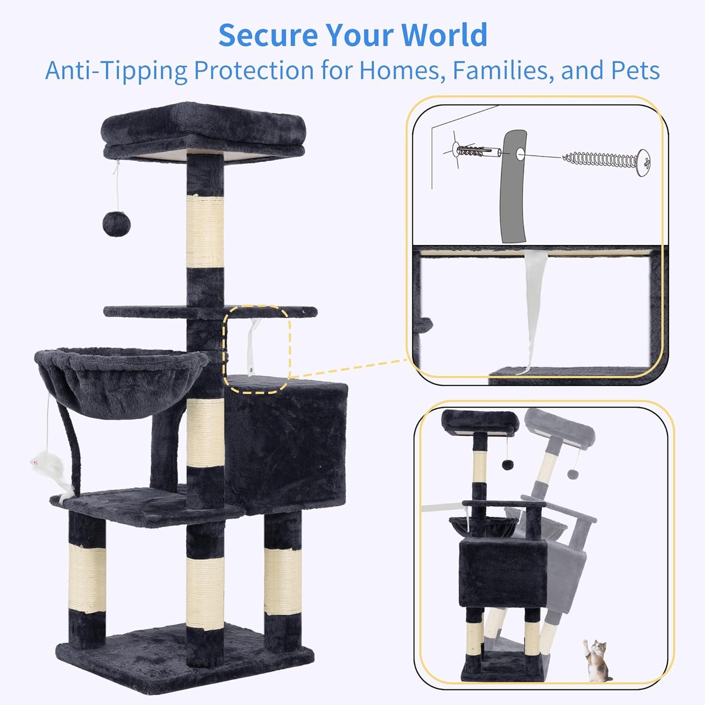 Cat Tree with Toy, 43.3 inch Cat Tower for Indoor Cats HCT004SGR | Cat Condo with Durable Sisal Scratching Posts, Cat House with Padded Plush Perch, Cozy Hammock, Green