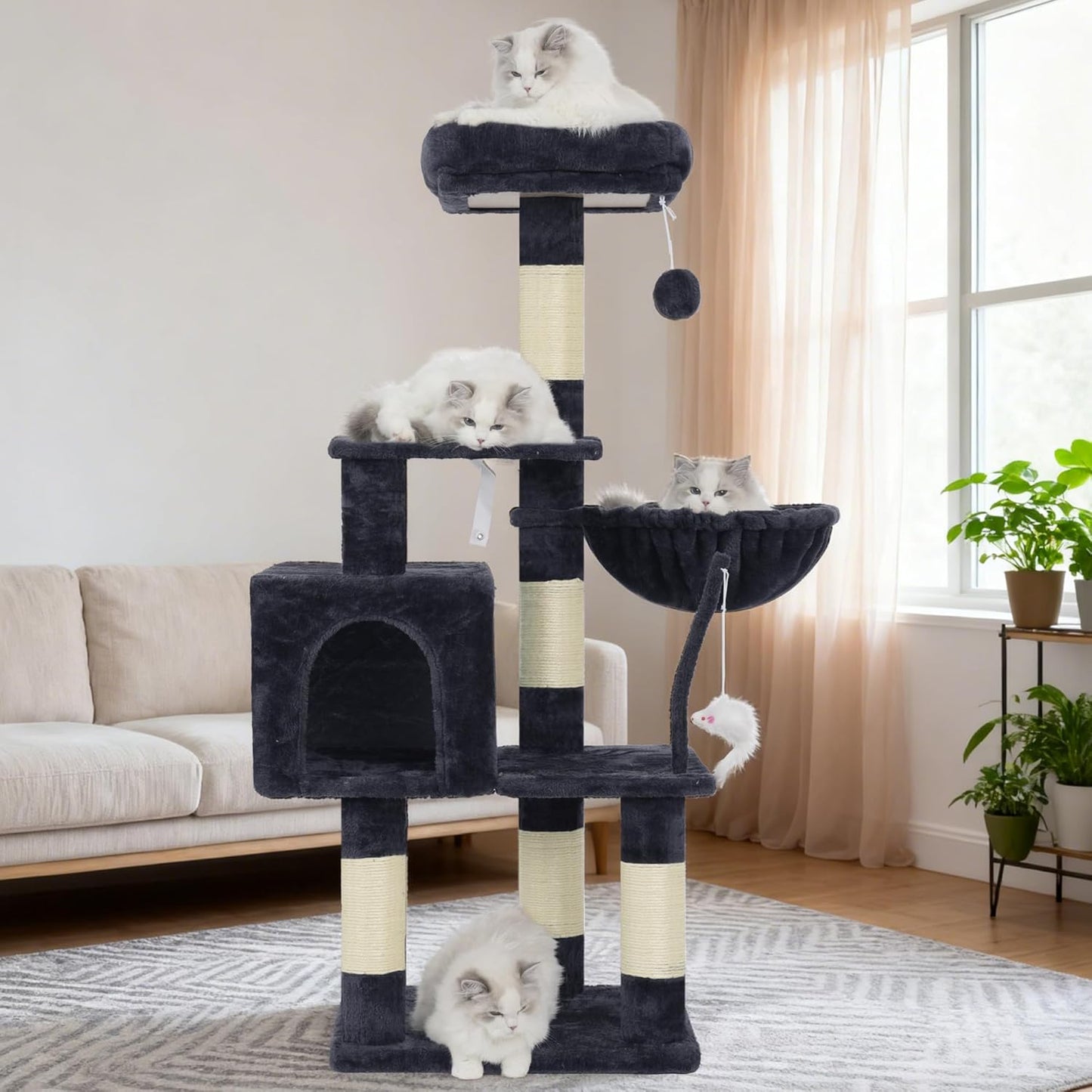 Cat Tree with Toy, 43.3 inch Cat Tower for Indoor Cats HCT004SGR | Cat Condo with Durable Sisal Scratching Posts, Cat House with Padded Plush Perch, Cozy Hammock, Green