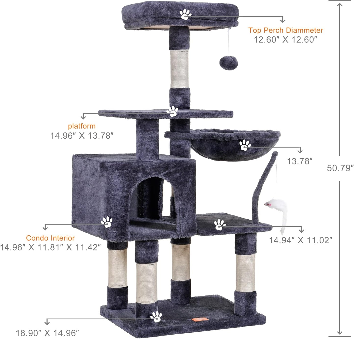 Cat Tree with Toy, 43.3 inch Cat Tower for Indoor Cats HCT004SGR | Cat Condo with Durable Sisal Scratching Posts, Cat House with Padded Plush Perch, Cozy Hammock, Green