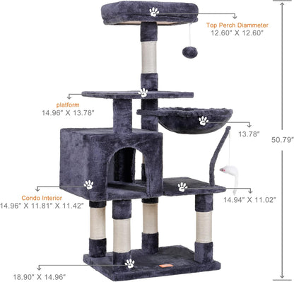 Cat Tree with Toy, 43.3 inch Cat Tower for Indoor Cats HCT004SGR | Cat Condo with Durable Sisal Scratching Posts, Cat House with Padded Plush Perch, Cozy Hammock, Green