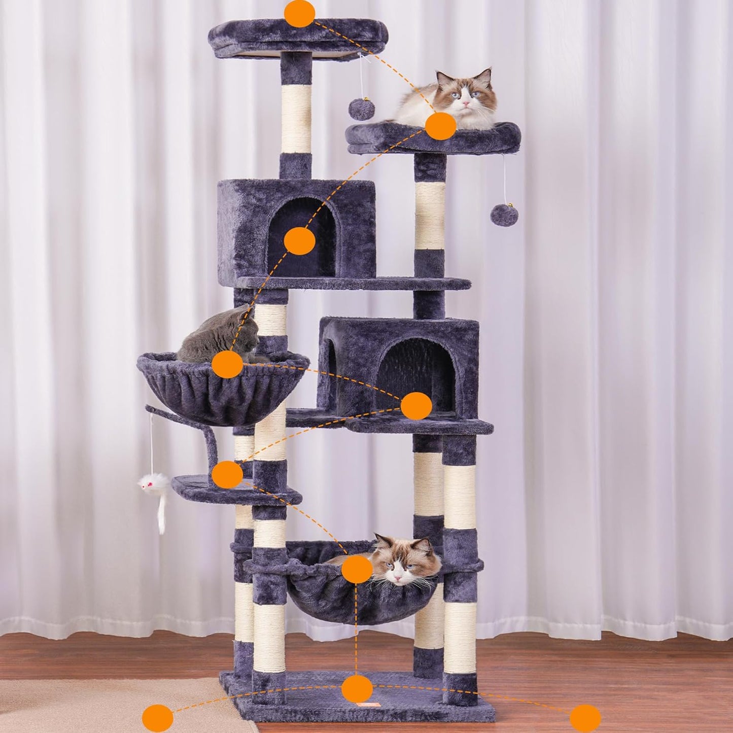 Cat Tree with Toy, 43.3 inch Cat Tower for Indoor Cats HCT004SGR | Cat Condo with Durable Sisal Scratching Posts, Cat House with Padded Plush Perch, Cozy Hammock, Green