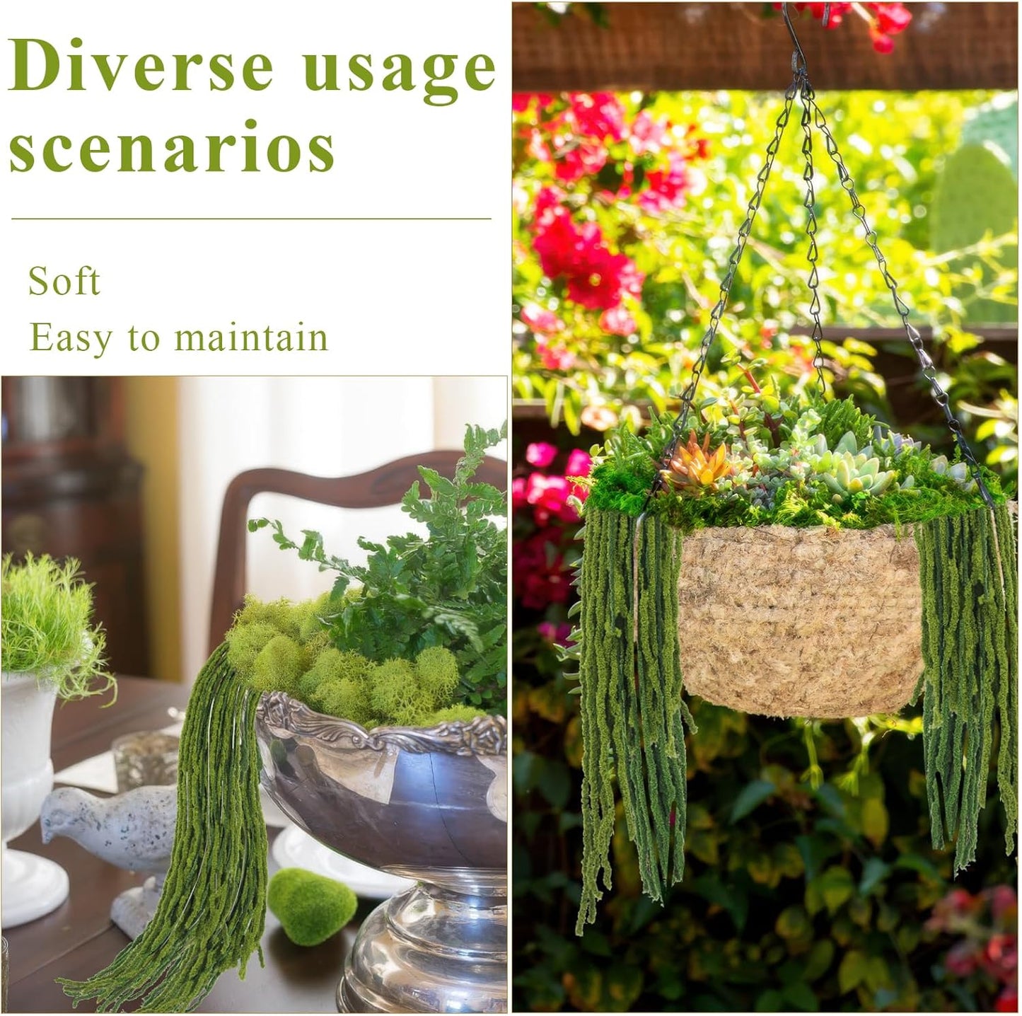 60 Pcs Hanging Moss Vines Faux Moss Garland for Decorating Plants Artificial Amaranthus Hanging Flowers 59-63 Inch Fake Mossy Rope for Crafts Wedding Arch Floral Arrangment Wall Hanging Mantle