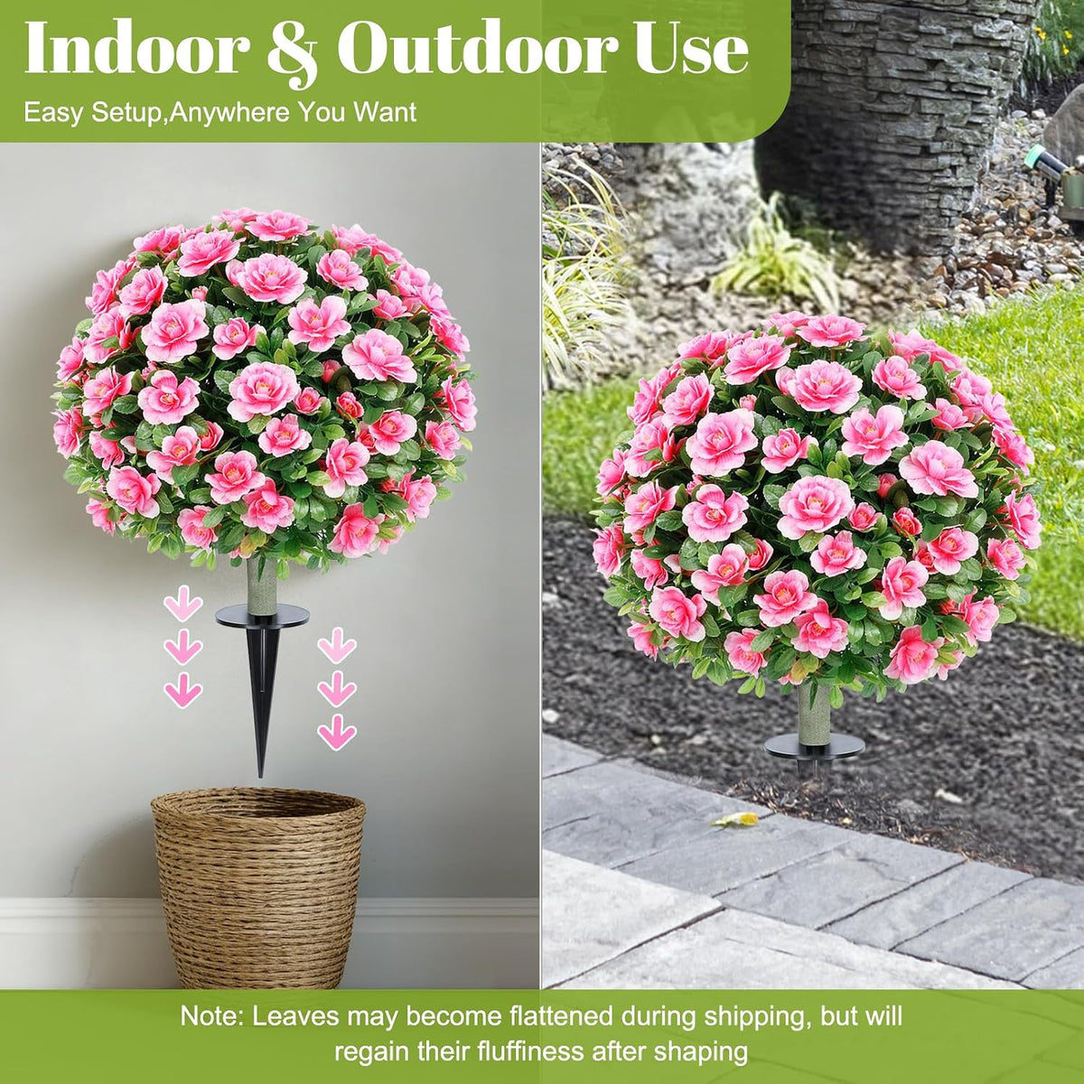 24''Artificial Flowers for Outdoors,2 Pack Topiary Ball Trees Fake Outdoor Plants with Ground Spike,UV Resistant Faux Shrubs for Garden,Porch,Front,Patio,Pink Crabapple Blossoms