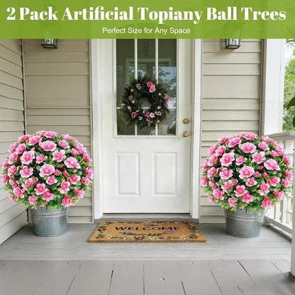 24''Artificial Flowers for Outdoors,2 Pack Topiary Ball Trees Fake Outdoor Plants with Ground Spike,UV Resistant Faux Shrubs for Garden,Porch,Front,Patio,Pink Crabapple Blossoms