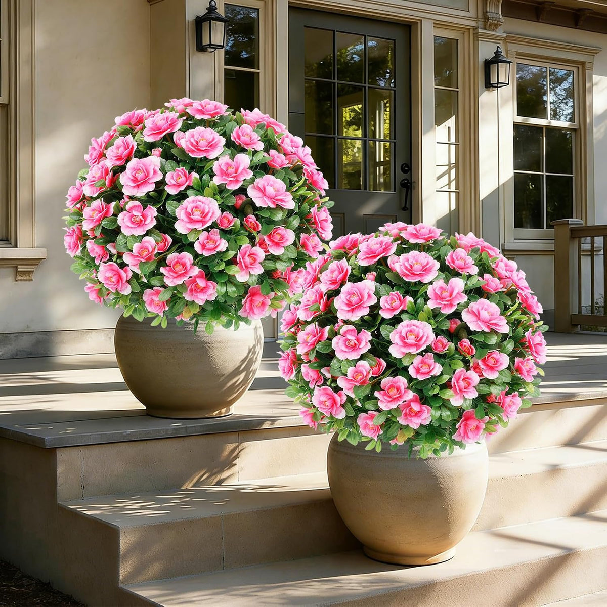 24''Artificial Flowers for Outdoors,2 Pack Topiary Ball Trees Fake Outdoor Plants with Ground Spike,UV Resistant Faux Shrubs for Garden,Porch,Front,Patio,Pink Crabapple Blossoms