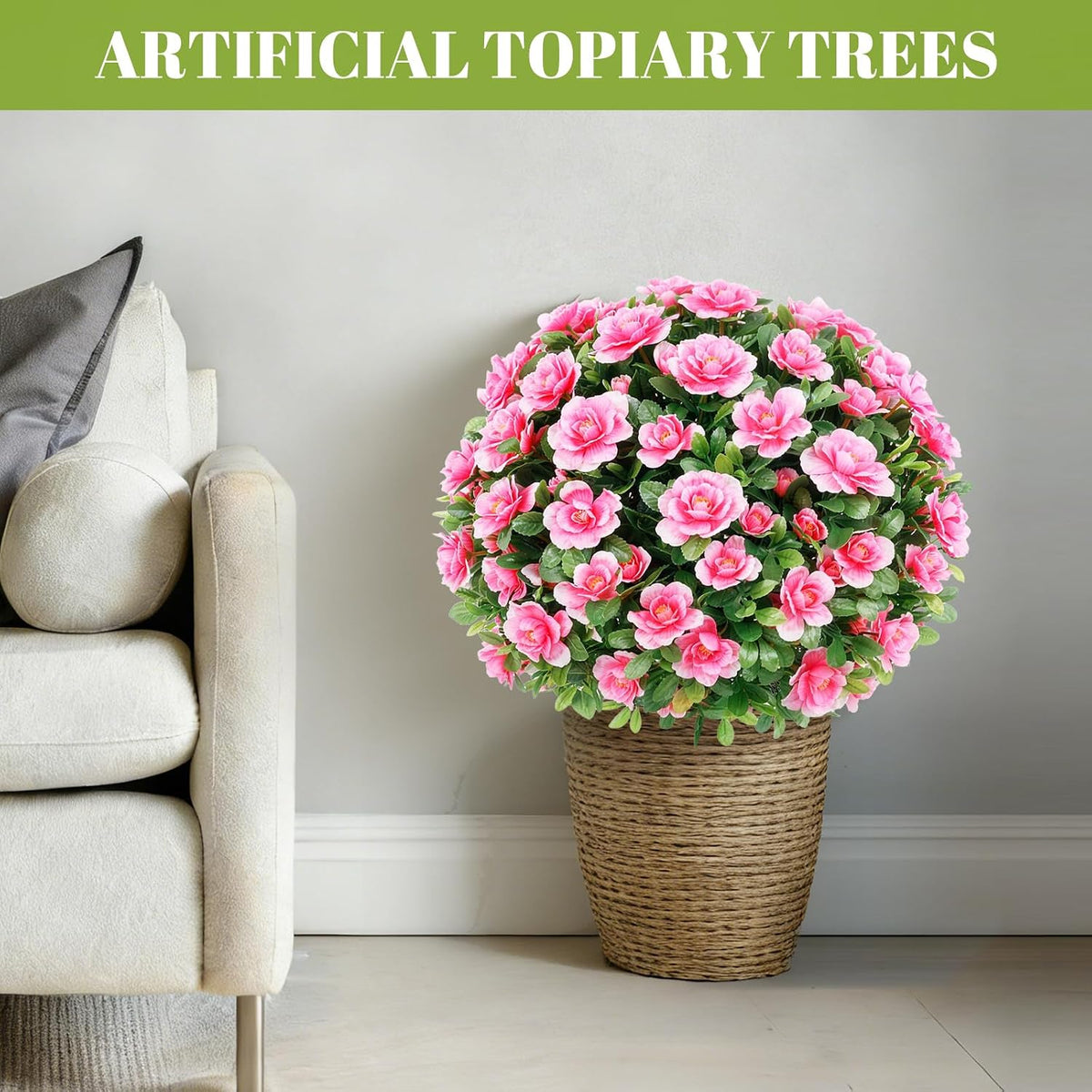 24''Artificial Flowers for Outdoors,2 Pack Topiary Ball Trees Fake Outdoor Plants with Ground Spike,UV Resistant Faux Shrubs for Garden,Porch,Front,Patio,Pink Crabapple Blossoms