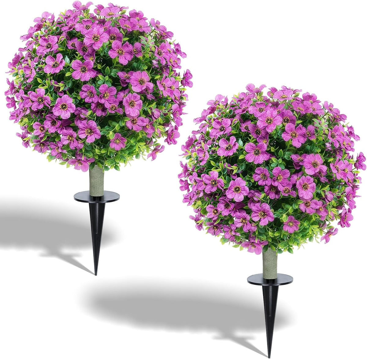 24''Artificial Flowers for Outdoors,2 Pack Topiary Ball Trees Fake Outdoor Plants with Ground Spike,UV Resistant Faux Shrubs for Garden,Porch,Front,Patio,Pink Crabapple Blossoms