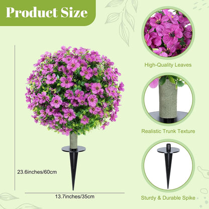 24''Artificial Flowers for Outdoors,2 Pack Topiary Ball Trees Fake Outdoor Plants with Ground Spike,UV Resistant Faux Shrubs for Garden,Porch,Front,Patio,Pink Crabapple Blossoms