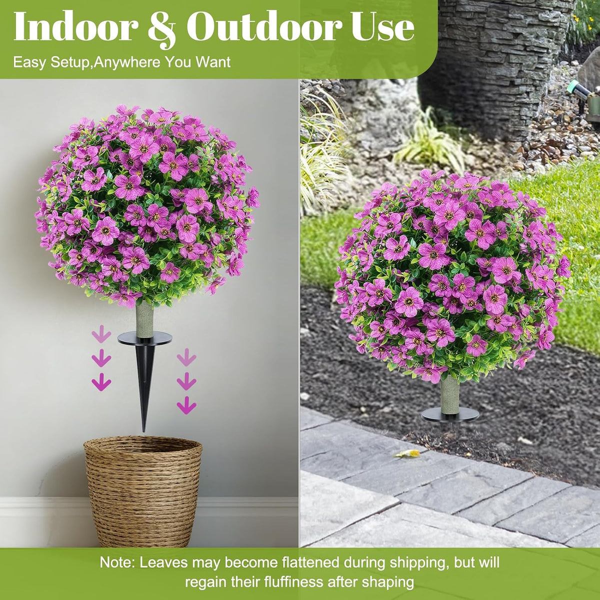 24''Artificial Flowers for Outdoors,2 Pack Topiary Ball Trees Fake Outdoor Plants with Ground Spike,UV Resistant Faux Shrubs for Garden,Porch,Front,Patio,Pink Crabapple Blossoms