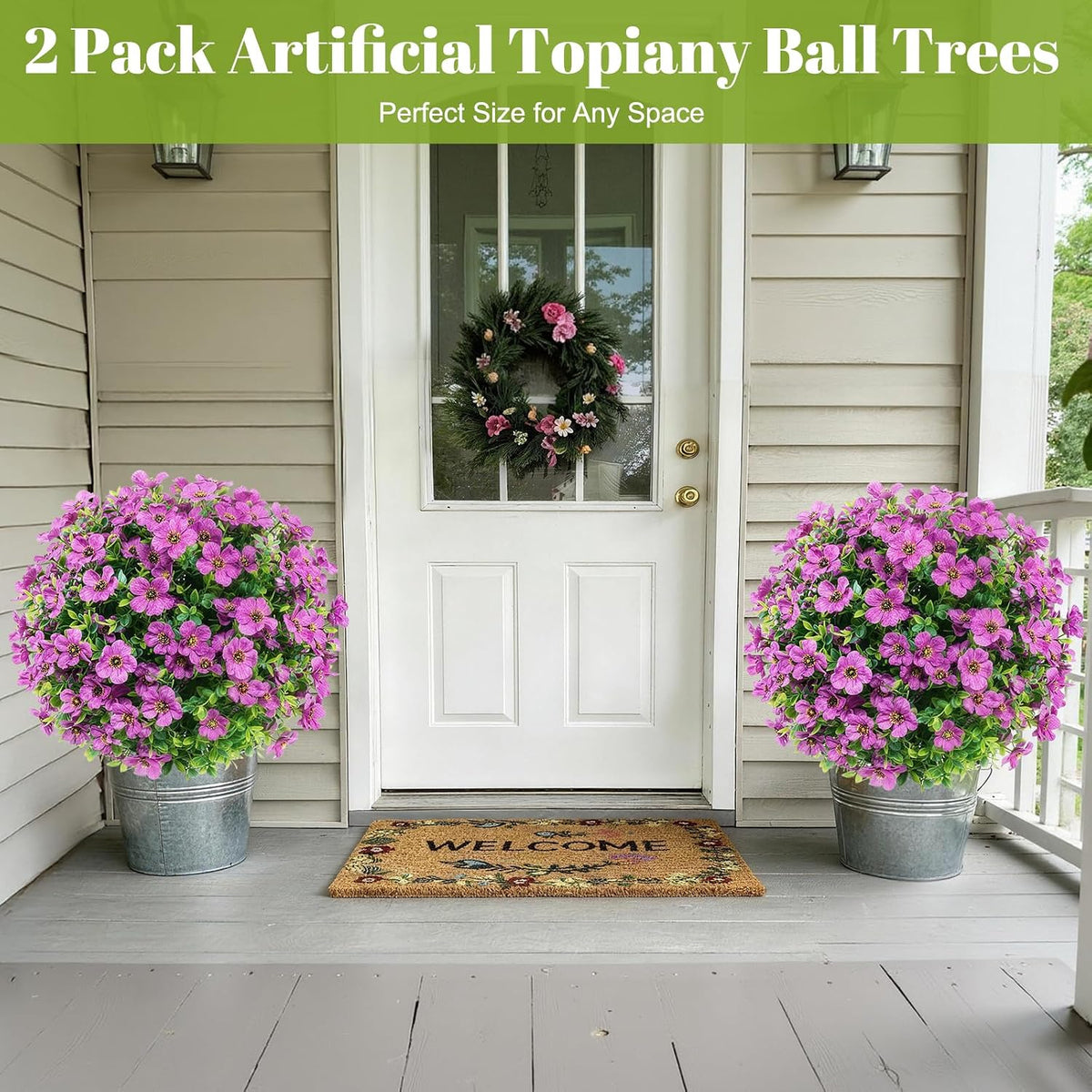24''Artificial Flowers for Outdoors,2 Pack Topiary Ball Trees Fake Outdoor Plants with Ground Spike,UV Resistant Faux Shrubs for Garden,Porch,Front,Patio,Pink Crabapple Blossoms