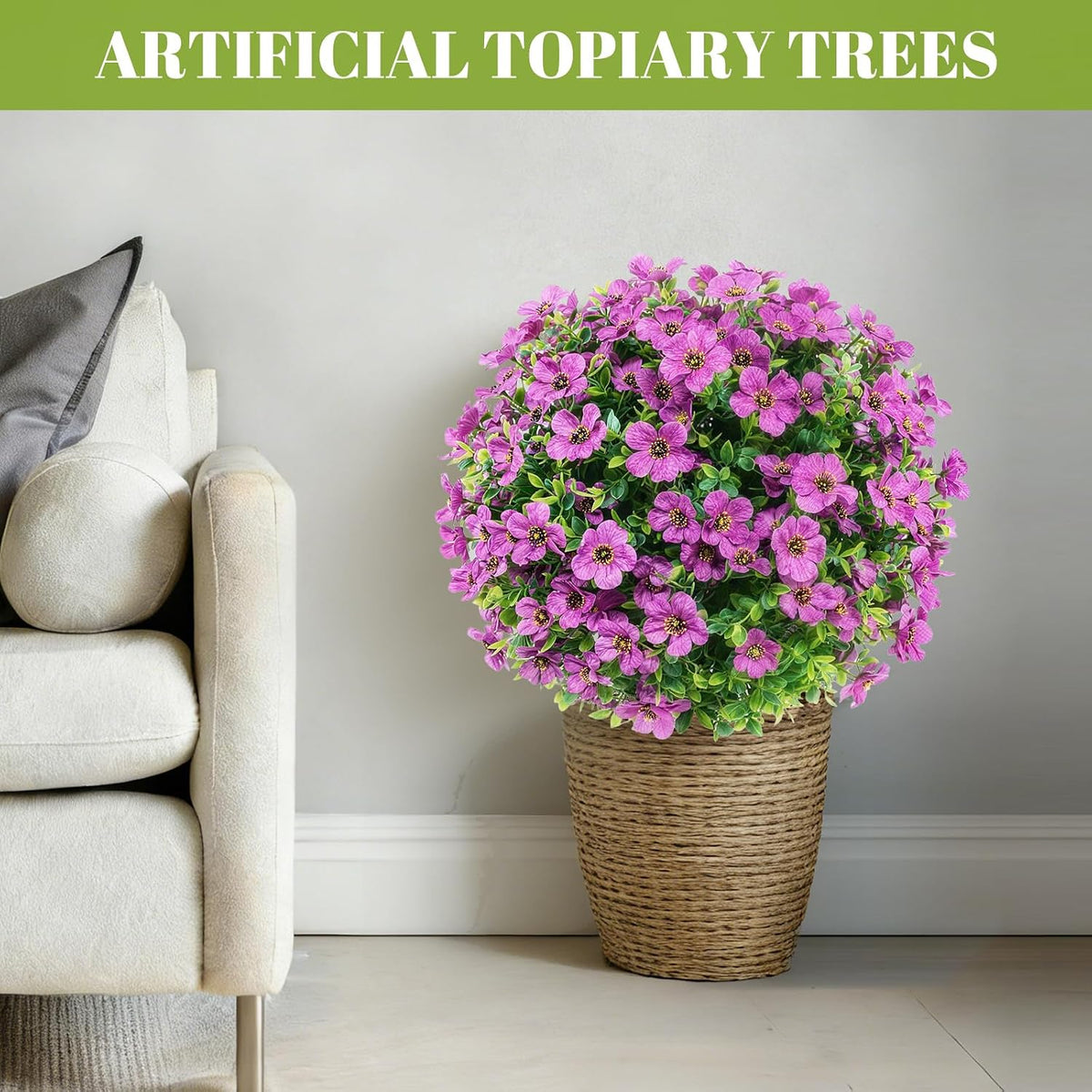 24''Artificial Flowers for Outdoors,2 Pack Topiary Ball Trees Fake Outdoor Plants with Ground Spike,UV Resistant Faux Shrubs for Garden,Porch,Front,Patio,Pink Crabapple Blossoms