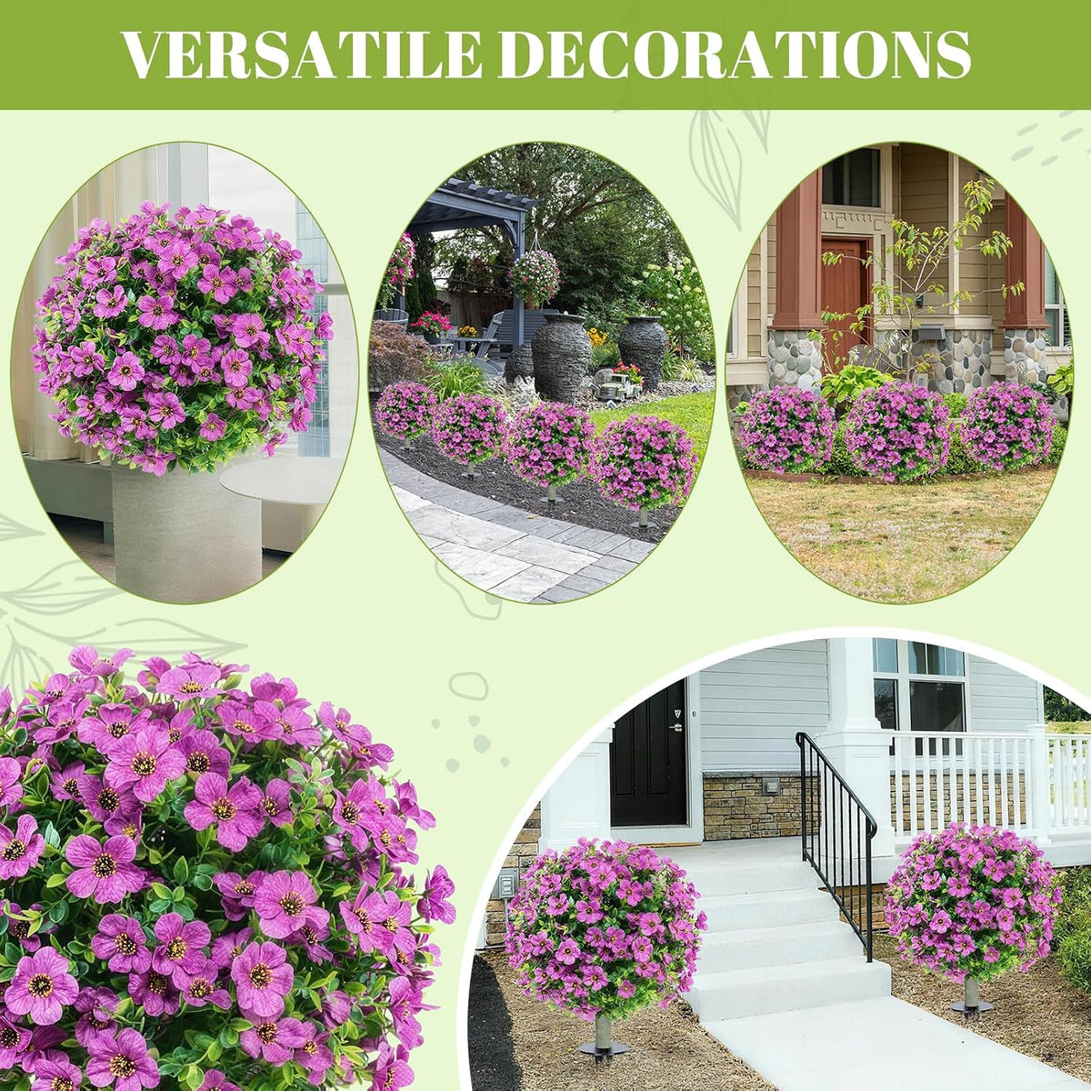 24''Artificial Flowers for Outdoors,2 Pack Topiary Ball Trees Fake Outdoor Plants with Ground Spike,UV Resistant Faux Shrubs for Garden,Porch,Front,Patio,Pink Crabapple Blossoms