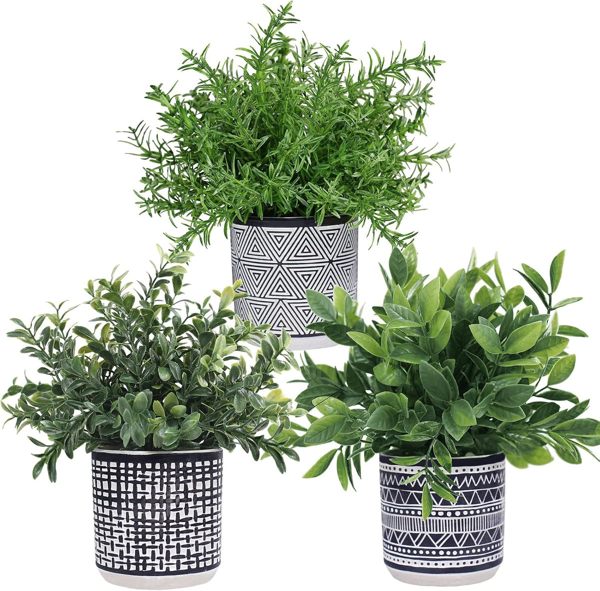 Set of 3 Small Potted Plants Artificial Eucalyptus Rosemary Boxwood Plants in Black and White Geometric Pots for Table Centerpiece Kitchen Counter Windowsill Indoor Outdoor Garden Greens Decor