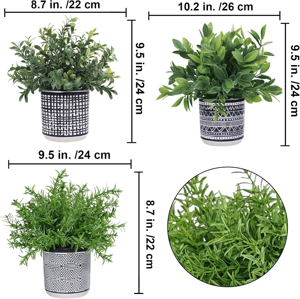 Set of 3 Small Potted Plants Artificial Eucalyptus Rosemary Boxwood Plants in Black and White Geometric Pots for Table Centerpiece Kitchen Counter Windowsill Indoor Outdoor Garden Greens Decor