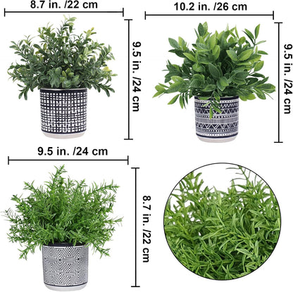 Set of 3 Small Potted Plants Artificial Eucalyptus Rosemary Boxwood Plants in Black and White Geometric Pots for Table Centerpiece Kitchen Counter Windowsill Indoor Outdoor Garden Greens Decor