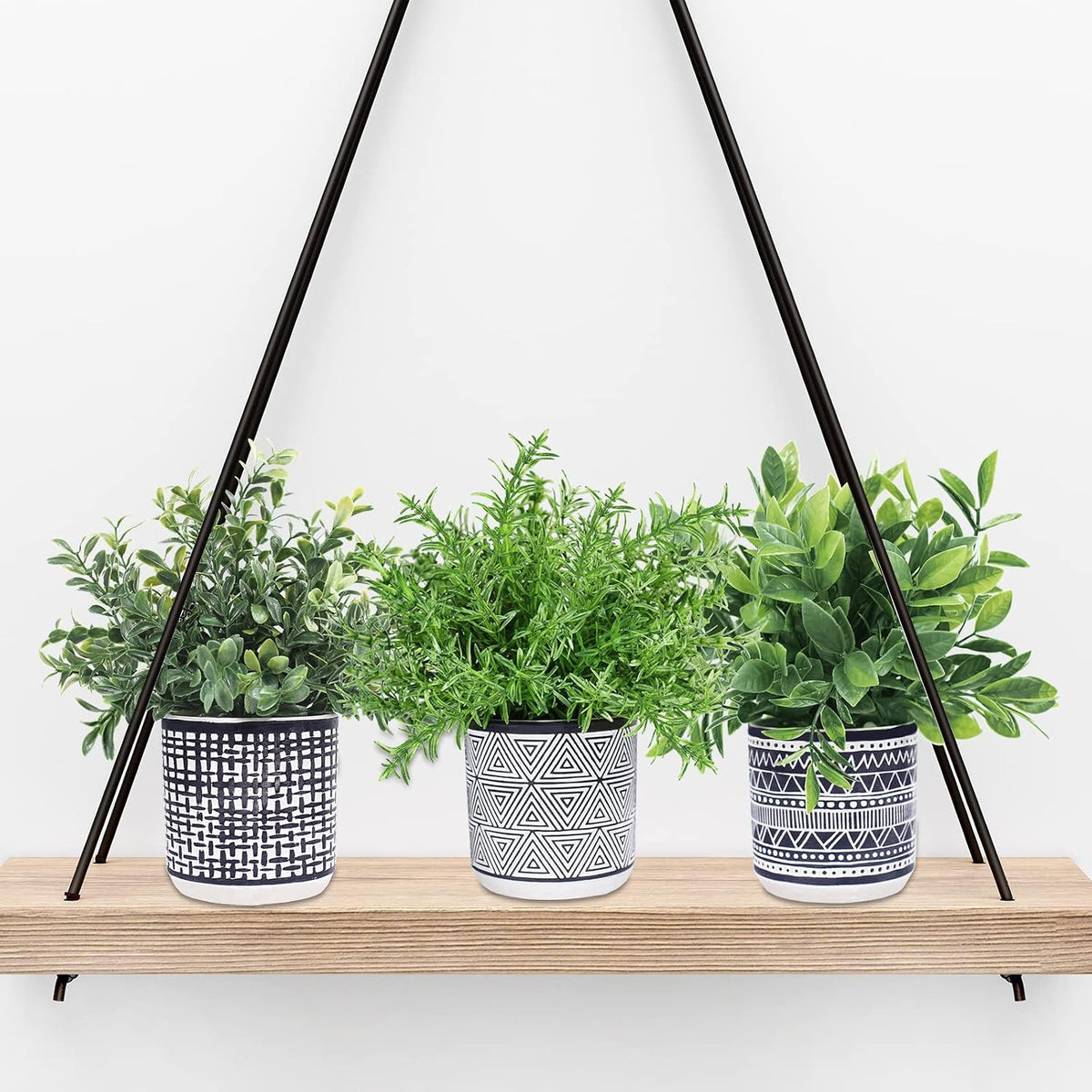 Set of 3 Small Potted Plants Artificial Eucalyptus Rosemary Boxwood Plants in Black and White Geometric Pots for Table Centerpiece Kitchen Counter Windowsill Indoor Outdoor Garden Greens Decor