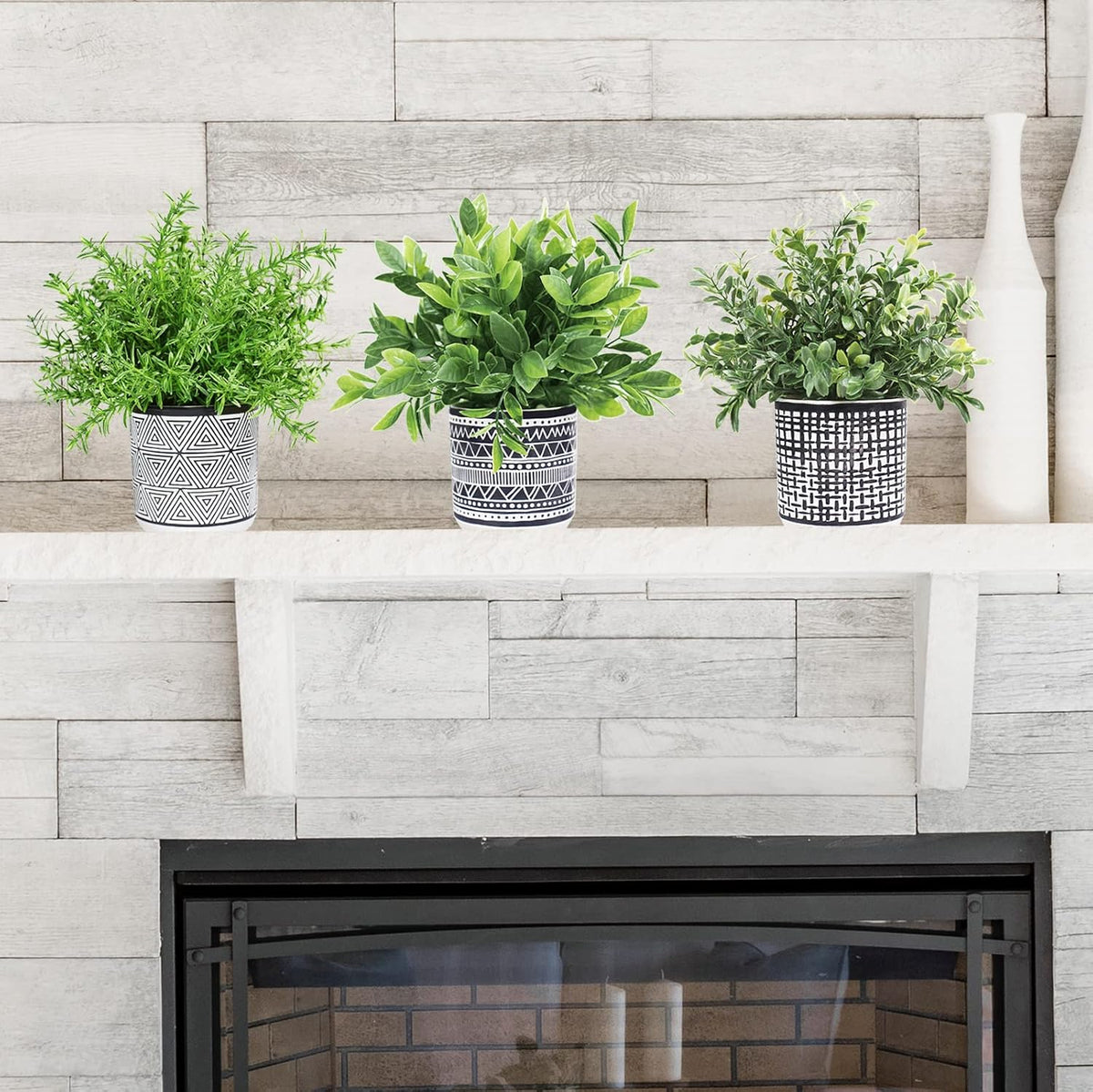 Set of 3 Small Potted Plants Artificial Eucalyptus Rosemary Boxwood Plants in Black and White Geometric Pots for Table Centerpiece Kitchen Counter Windowsill Indoor Outdoor Garden Greens Decor
