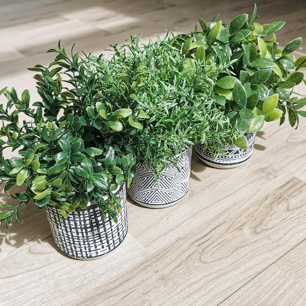 Set of 3 Small Potted Plants Artificial Eucalyptus Rosemary Boxwood Plants in Black and White Geometric Pots for Table Centerpiece Kitchen Counter Windowsill Indoor Outdoor Garden Greens Decor