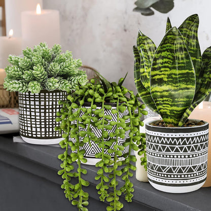 3 Pcs Small Potted Plants Artificial Succulents Hanging Plants and Faux Tropical Snake Plant in Black Geometric Pots for Modern Home Kitchen Windowsill Table Shelf Indoor Outdoor Greenery Decor