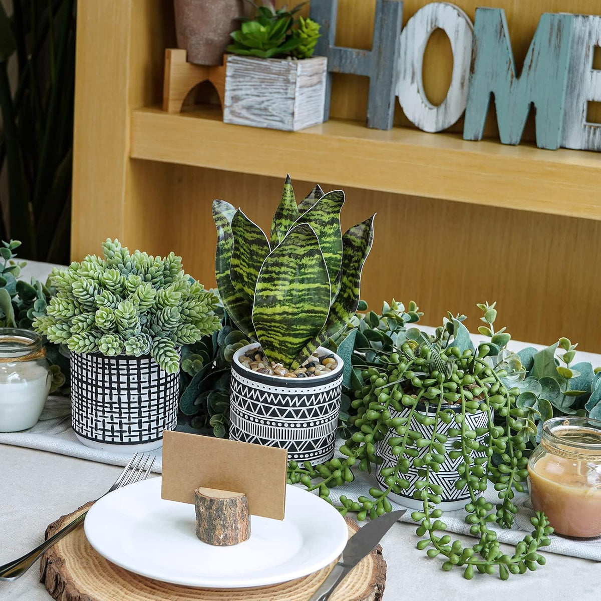 3 Pcs Small Potted Plants Artificial Succulents Hanging Plants and Faux Tropical Snake Plant in Black Geometric Pots for Modern Home Kitchen Windowsill Table Shelf Indoor Outdoor Greenery Decor