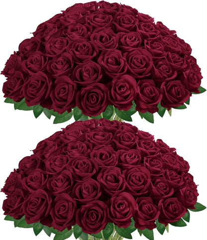 50 Pcs Red Roses Artificial Flowers, Fake Velvet Silk Rose Bulk Faux Flower for Mother's Gift Decoration DIY Wedding Centerpieces Proposal Bridal Bouquets Party Floral Decor (50, Red)