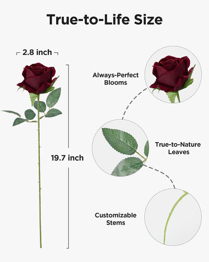50 Pcs Red Roses Artificial Flowers, Fake Velvet Silk Rose Bulk Faux Flower for Mother's Gift Decoration DIY Wedding Centerpieces Proposal Bridal Bouquets Party Floral Decor (50, Red)